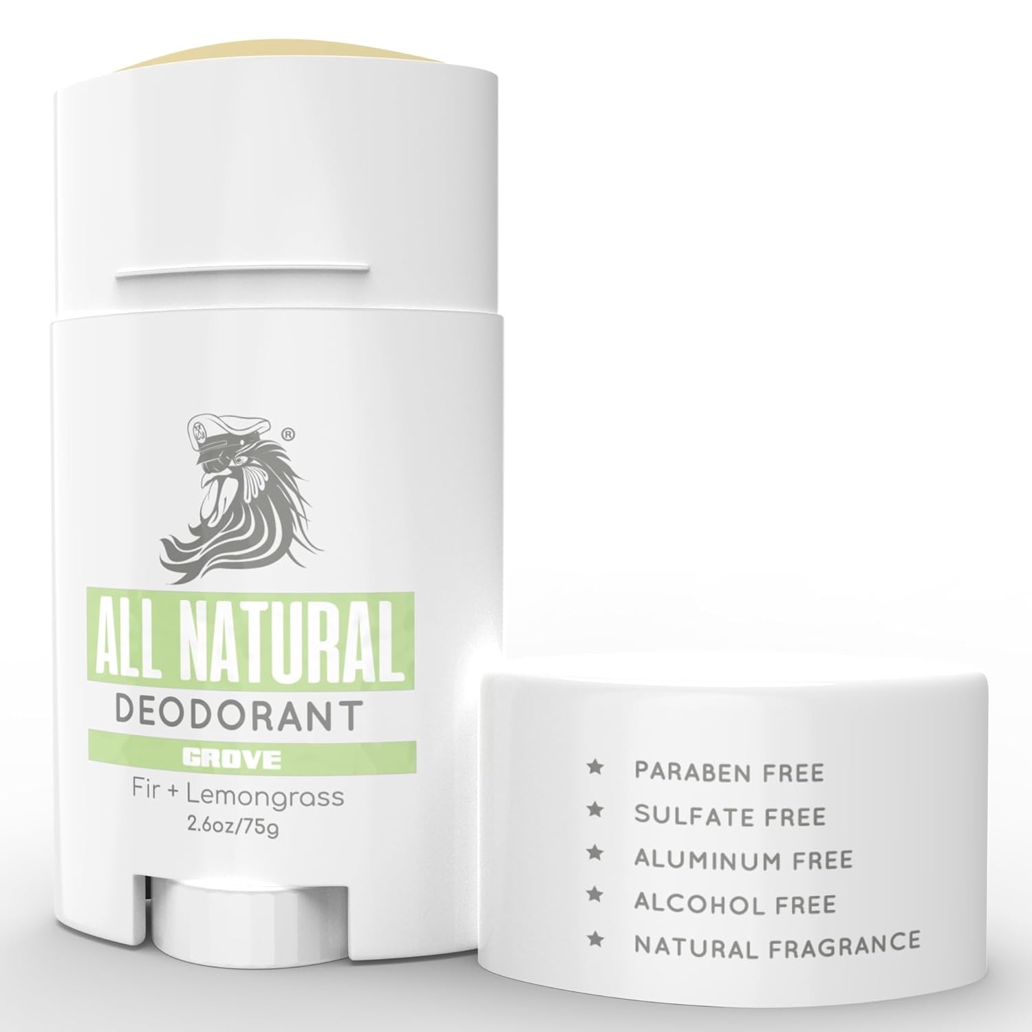 All natural deodorant stick with branding and product details on a white background