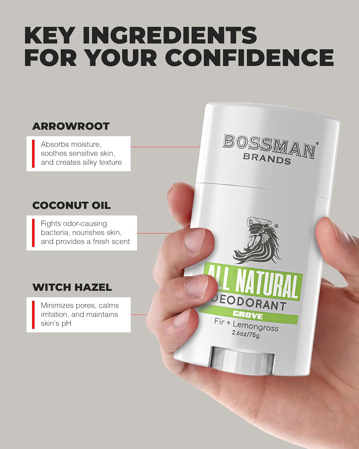 Hand holding a Bossman Brands all natural deodorant stick with key ingredients highlighted.