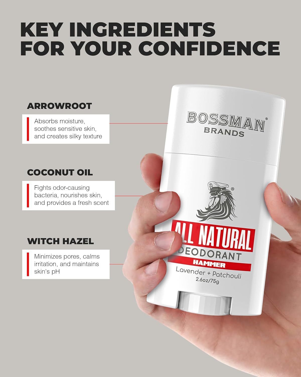 Bossman Brands all natural deodorant with key ingredients highlighted on a gray background