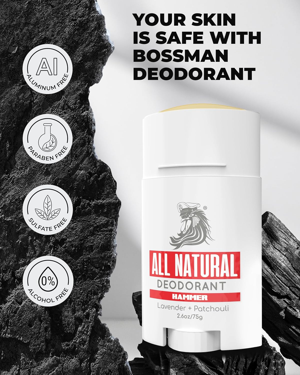 All natural deodorant stick with ingredients icons and text on a rock background