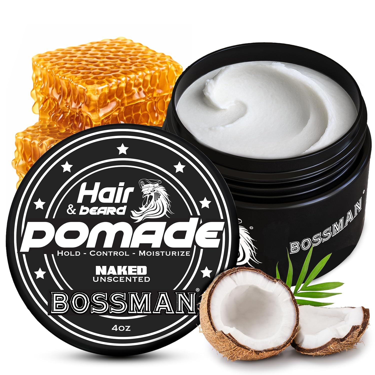Bossman hair and beard pomade jar with coconut and honeycomb on a white background