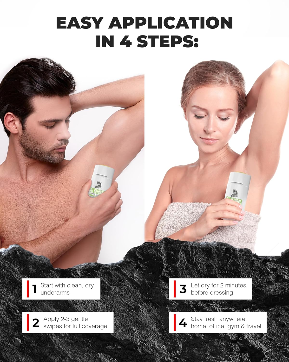 Instructions for using a deodorant product with a man and woman applying it.