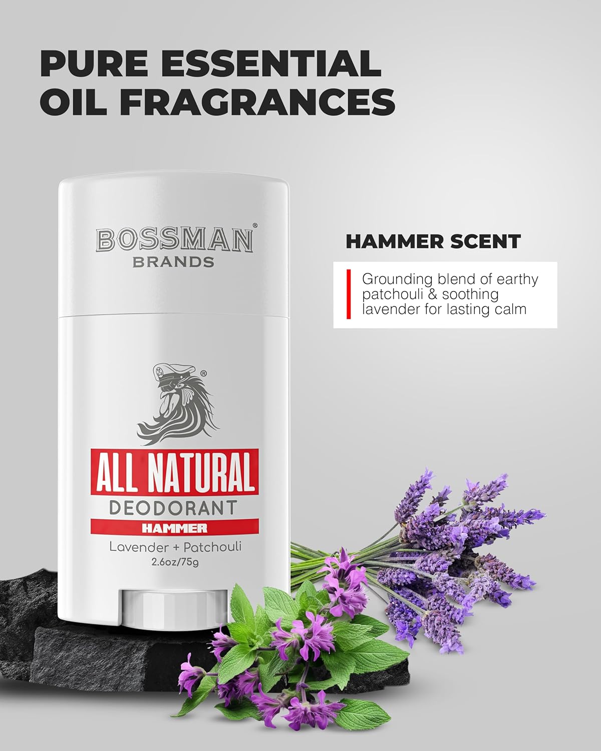 BOSSMAN BRANDS All Natural Deodorant with lavender and patchouli on a gray background