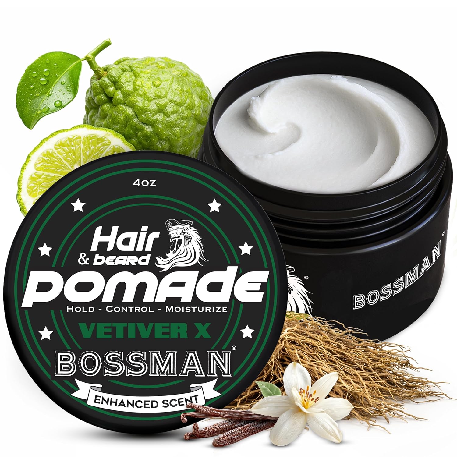 Bossman Hair and Beard Pomade container with ingredients on a white background