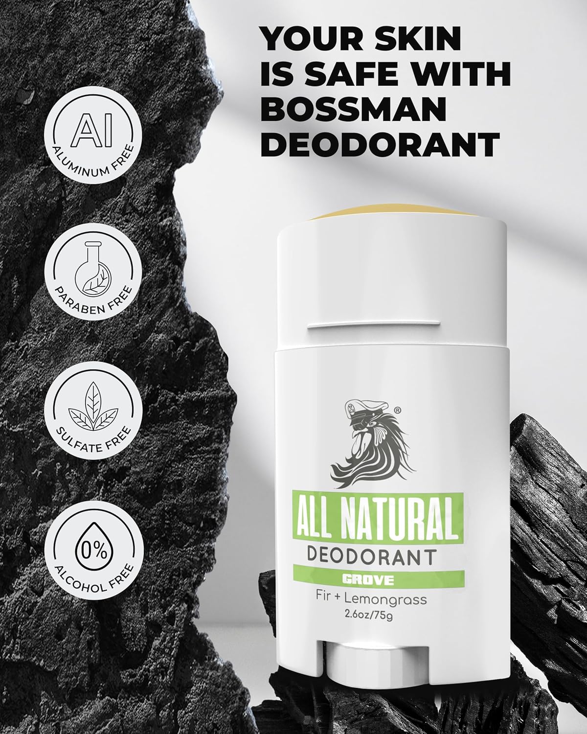 Bossman deodorant stick with natural ingredients claims on a rock background