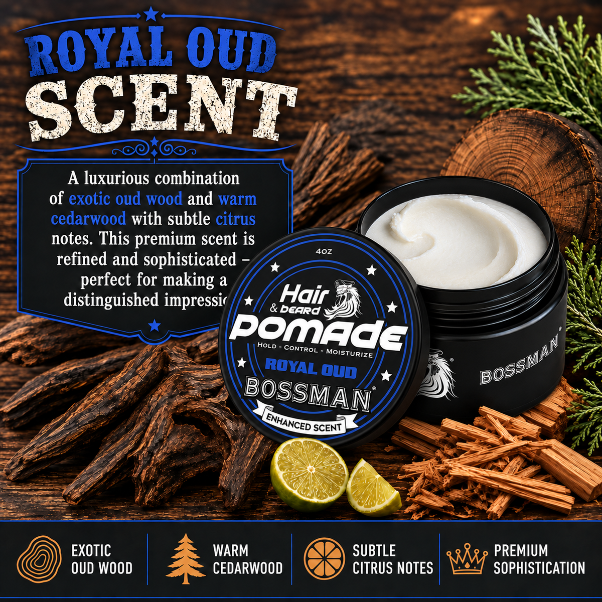 Hair & Beard Pomade, Royal Oud, scent card, Royal Oud scent#Scent_Royal Oud