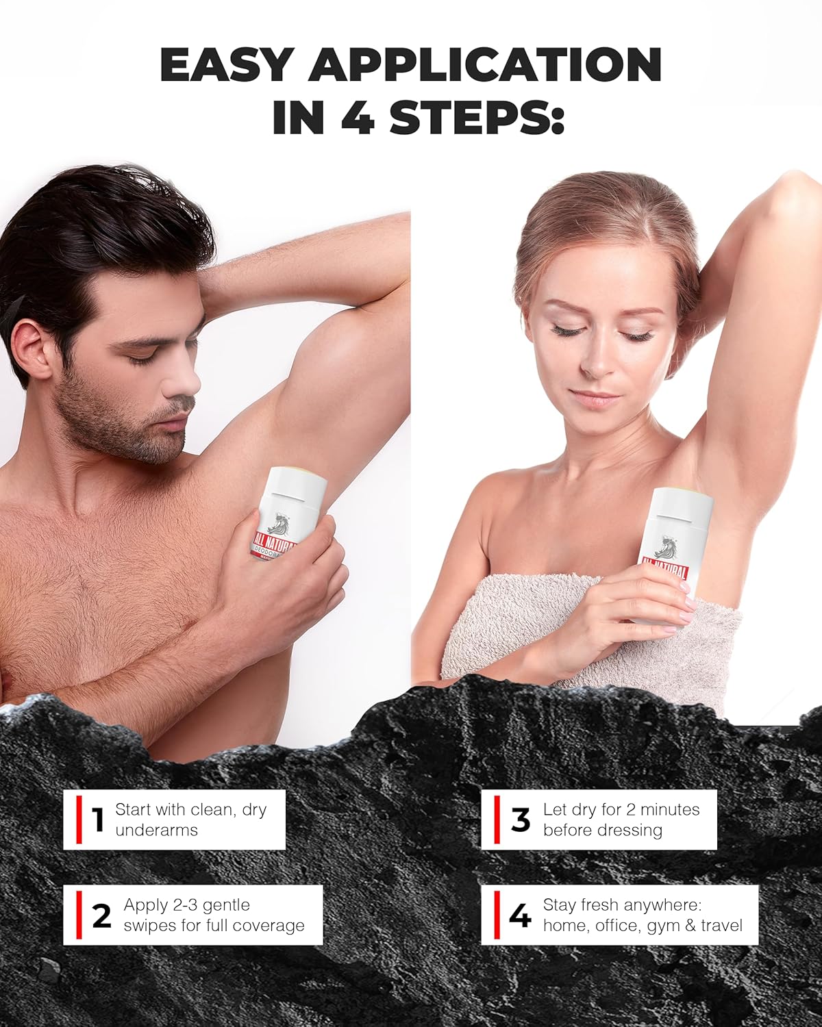 Instructions for using a deodorant product with a man and woman applying it.