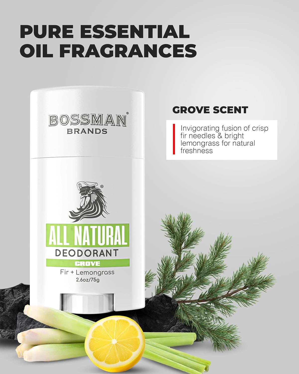 Bossman Brands all natural deodorant with grove scent on a light gray background
