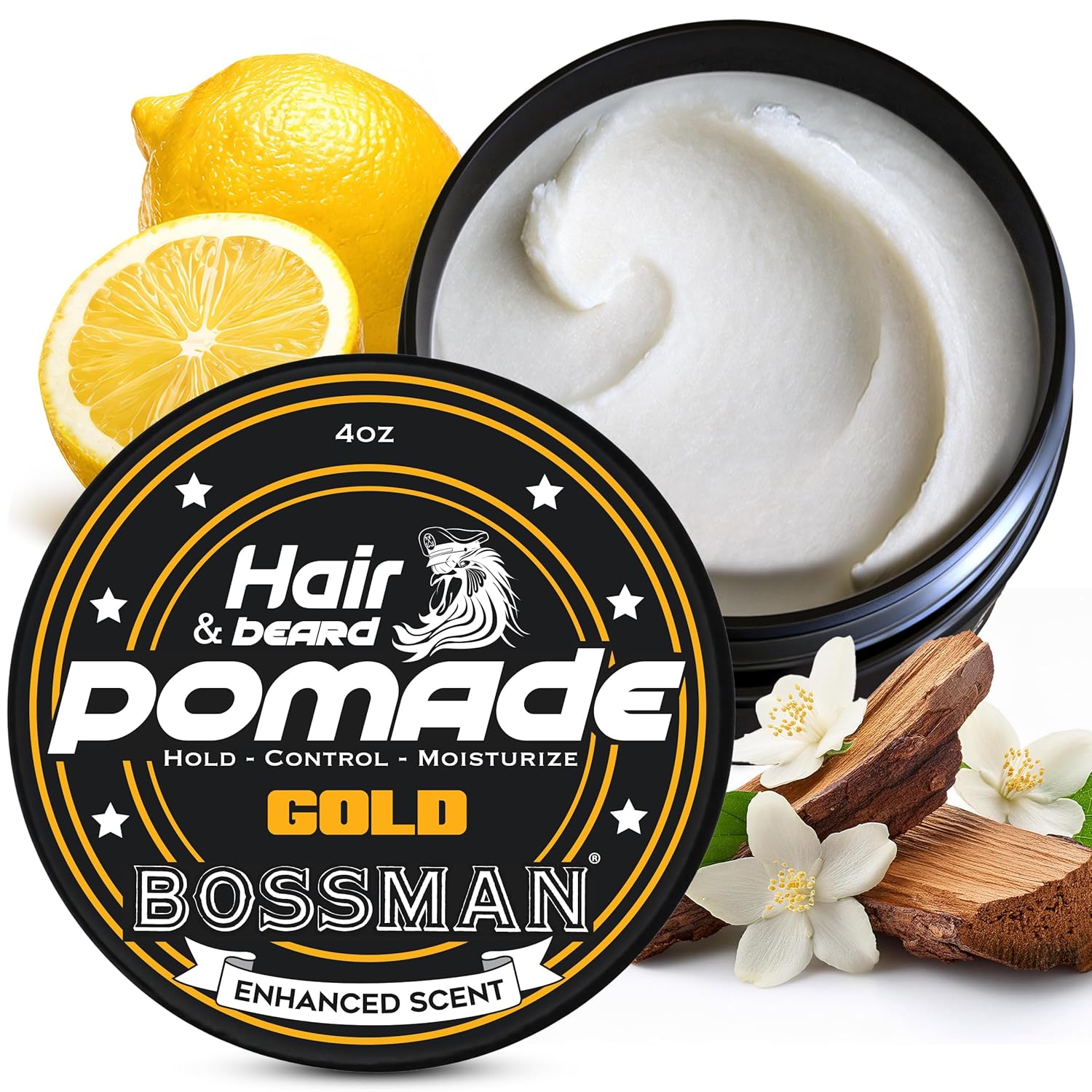 Bossman Gold pomade container with lemon, flowers, and wood on a white background