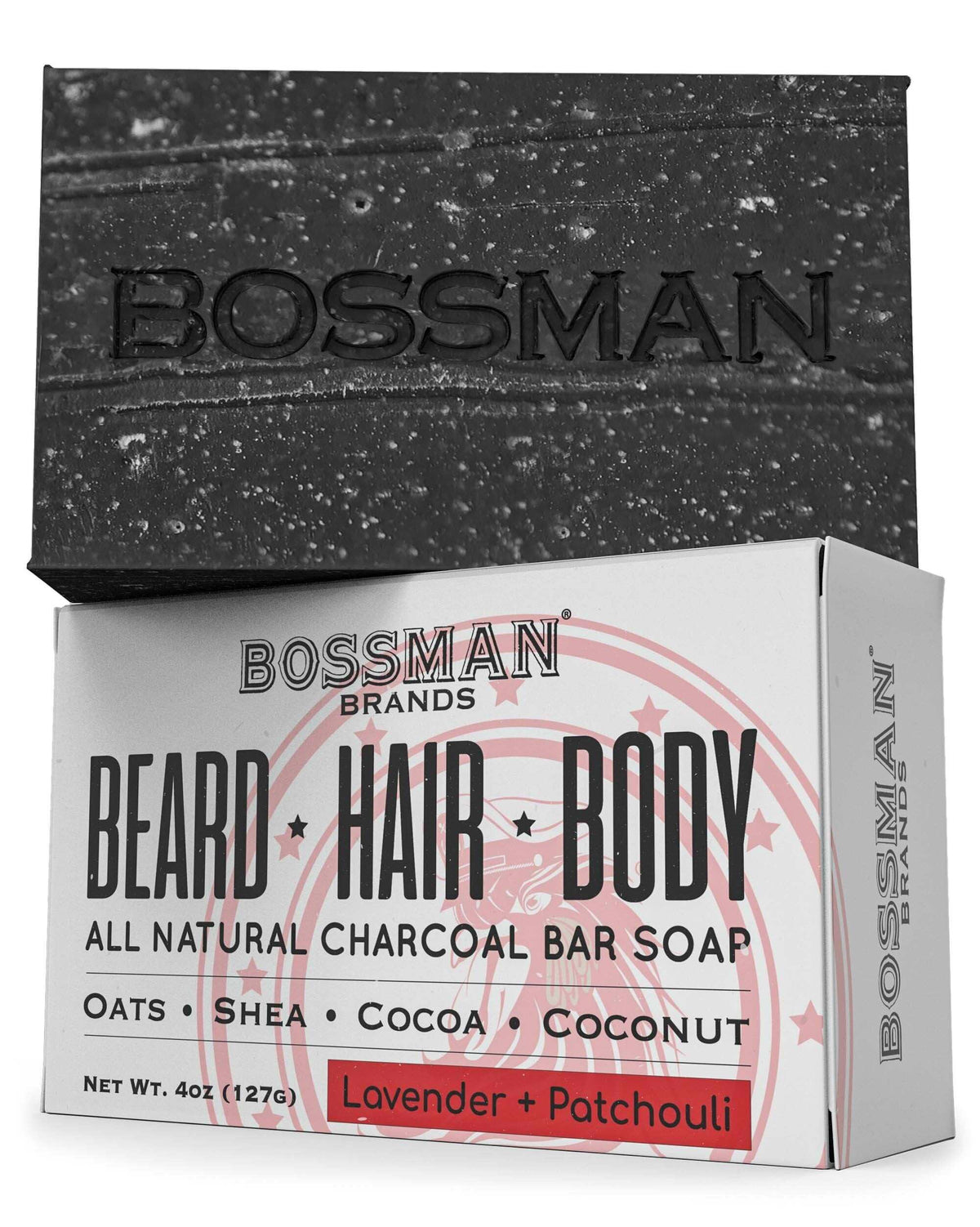 Bossman Bar Soap, Lavender + Patchouli, single bar and box#Scent_Lavender + Patchouli