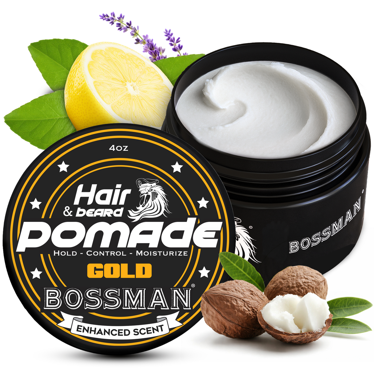 Hair & Beard Pomade, Gold, jar open with lemon and lavender#Scent_Gold
