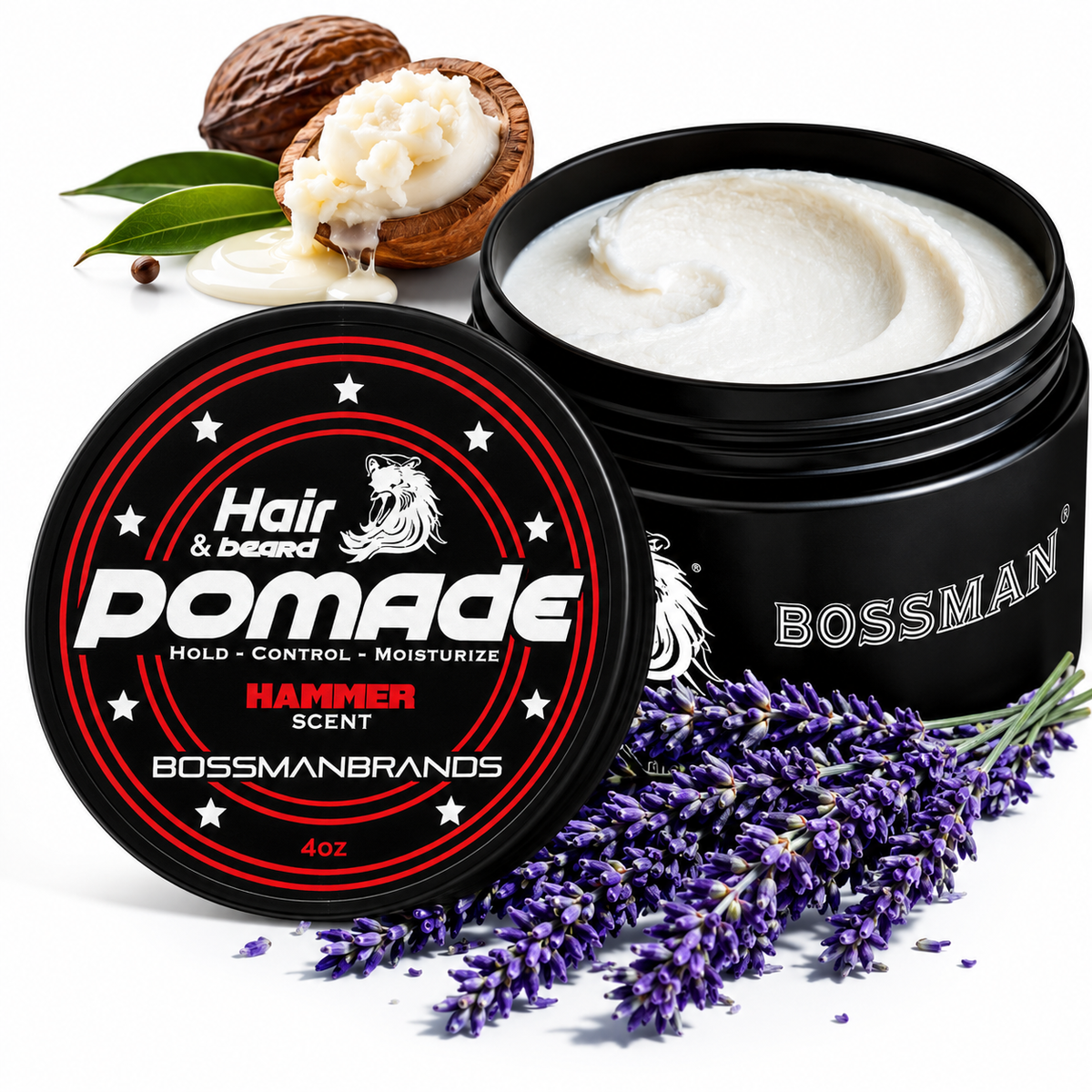 Hair & Beard Pomade, Hammer, jar open with lavender and shea#Scent_Hammer