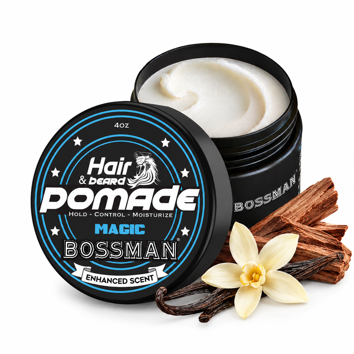 Hair & Beard Pomade, Magic, jar open with vanilla#Scent_Magic