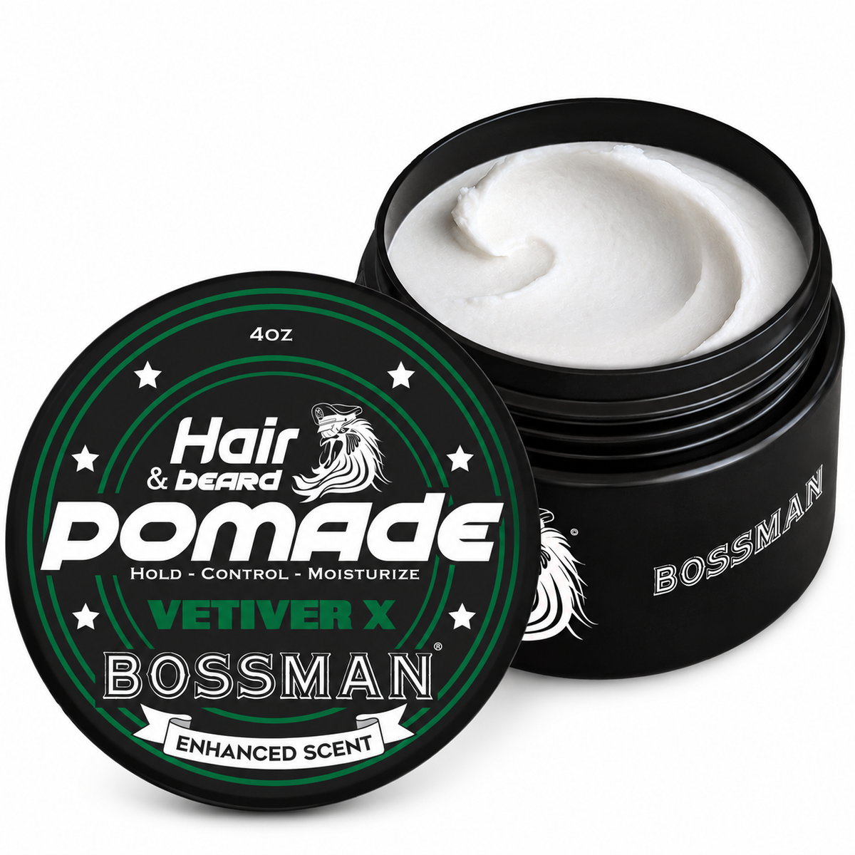 Hair & Beard Pomade, Vetiver X, jar open#Scent_Vetiver X