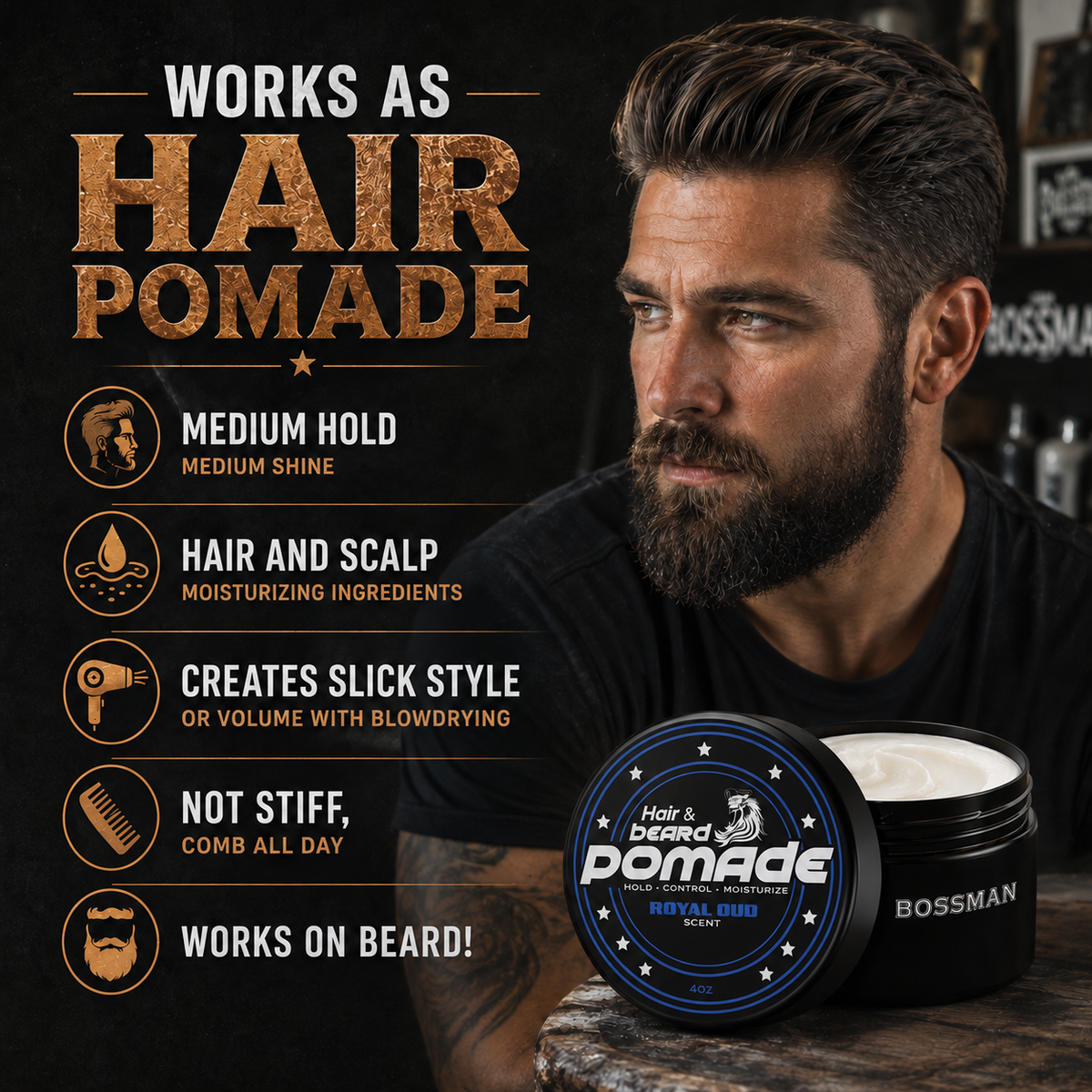 Hair & Beard Pomade, works as hair pomade
