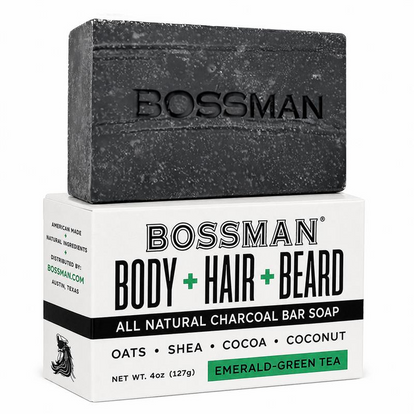 Bossman Bar Soap, Emerald-Green Tea, single bar and box#Scent_Emerald-Green Tea